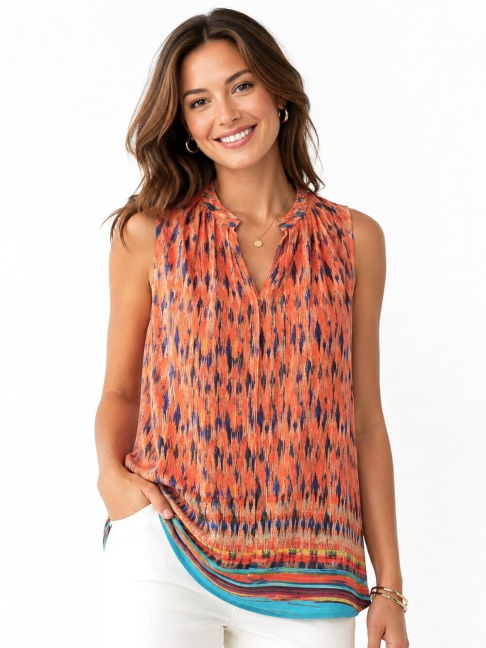 Anthropologie Maeve Orange Blue Print Sleeveless Tunic Top